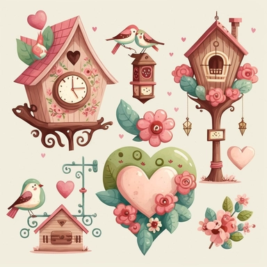 Create a collection of charming and whimsical clip art images of Valentine's themed cuckoo clocks. The images should incorporate elements such as traditional cuckoo clock designs adorned with symbols of love and Valentine's day such as hearts, cupids, and roses. Use watercolor and cartoon-style illustrations to add a playful and imaginative touch. The overall design should evoke a sense of love and celebration, highlighting the beauty and simplicity of natural materials and flowers in a traditio