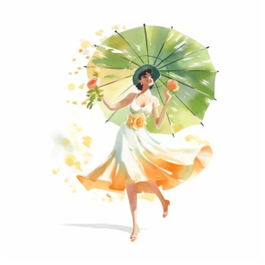 playful BRIDE, holding a parasol and twirling under the summer sun, radiating beauty and joy, watercolor, Pixar style, Clipart on a white background