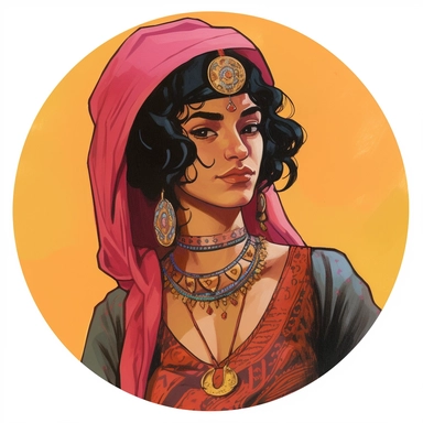 Mike Allred's painting depicting a young Egyptian Persian femme fatale, Amoako Boafo Josh Kirby Dungeons & Dragons, handpainted punk zine indie retrowave, clipart illustration, circular solid background, circular border