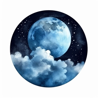 watercolor style, Ominous moonlit sky: An illustration of a night sky with a full moon, stars, and dark clouds, creating a spooky atmosphere. clipart, isolated on white background, 4K