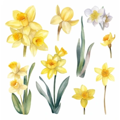 Jonquil watercolors, spring flowers, vivid color, Watercolor Clipart, Minimalist, colors, isolated white background, 8k