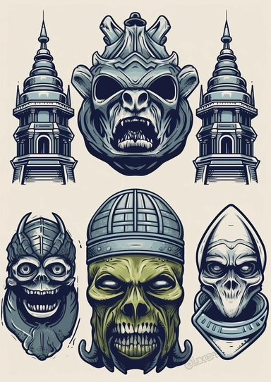 4 logos for various horror movie monsters, simple design, clipart,minimalistic design, urban brand recognition, famous, high end marketing, 2 color vector image, simple yet stylish, positive impact, in the style of an iron-on , escher-inspired digital illustration, bold lines, gothic shading