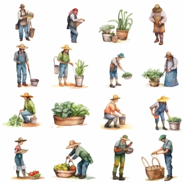 watercolor, different people enjoy gardening and planting Men and women with fresh vegetables and fruits isolated on white. Farmers and gardeners doing jobs or agricultural hobby png Full body realistic cartoon in 32K UHD cute. 15 cm thick outline. Black color. There was no shadow on the ground. 8k with realistic watercolors and detailed illustrations. PNG clipart, transparent white background