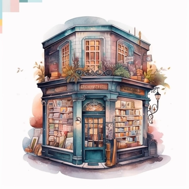 Bookstore,cute bookstor,muted colors,clipart on a white background, an illustration of by Annabel Kidston, shutterstock contest winner, generative art, detailed painting, digital illustration,photoillustration isolated on white background, digital watercolor,dark outline,high quality,8k