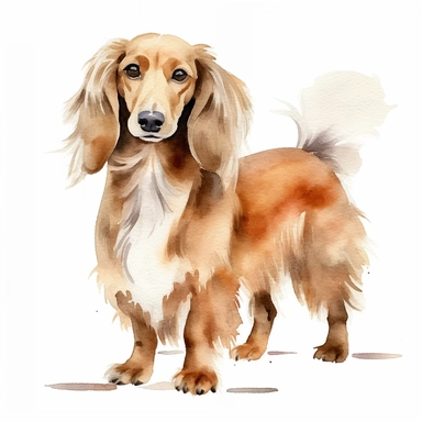 watercolor single clipart of a brown and white long haired dachshund
