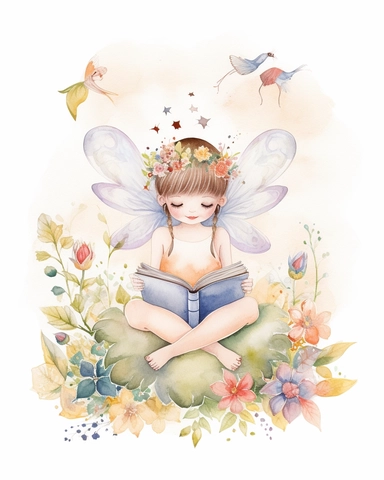 very simple watercolour childrens book style drawing of a cute fairy reading a book surrounded by flowers, pastel colours soft on white background for clipart, 8k