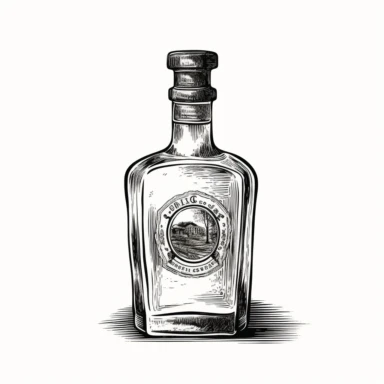 liquor bottle, old school vintage illustration style, pen and ink, hand drawn, clipart, isolated on white background