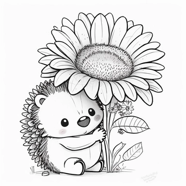 Happy cute cartoon hedgehog hugs a flower, white background, anime style, incredibly detailed , thick outline , Create a sketch of a black and white  Cute and adorable cartoon it , fantasy, dreamlike, surrealism, super cute, trending on artstation design, in a minimal and lineal style. The tattoo should be simple, with clean lines and minimal detail. The sketch should be done in pen or pencil , looking to the camera, clipart, , white background, summer flowers at the bottom, cute, love vibes, su