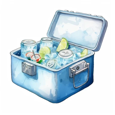 clipart, white background, watercolour, 2d illustration, no shadow, A portable cooler or icebox with a handle and a lid, featuring a refreshing canned drink or ice inside