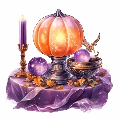 hand drawn glowing crystal ball sitting on a table with crystals, tarot cards, a wand, candles and a pumpkin, Halloween, purple and orange shades,fantasy, glamorous, , clipart style, detailed and realistic, watercolor, white background with margins