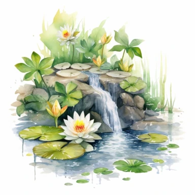 watercolor pond with waterfall, lily pads and flowers clipart, white background