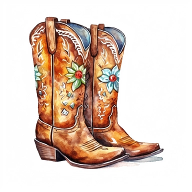 watercolor western boho cowboy boots, clipart, isolated on white background