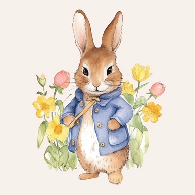Watercolor svg clipart of a cute cartoon adorable Peter rabbit kawaii animal sitting in yellow flowers, illustration by Beatrix potter , pastel yellow jacket with yellow flowers, png isolated on white background