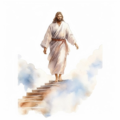 Jesus walking up stairs to heaven, watercolor vector art, clipart style, solid white background