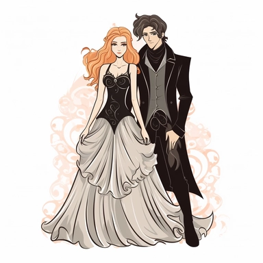 clipart with thick outline, gothic wedding, bride has blonde hair, groom has brown hair, pastel gothic, colored cartoon style, clipart, contour, vector, solid white background