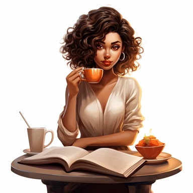 ethnic, curly dark brown hair, caramel skin tone, full lips, almond shaped eyes, silk blouse, sitting down, reading a book, cafe setting, white background, clipart