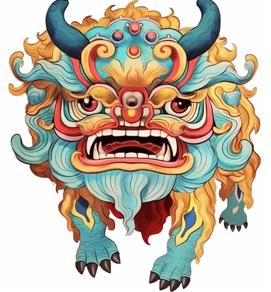 chinese dragon cartoon, chinese lion art png clipart, in the style of polychrome sculpture, ritualistic masks, light brown and sky-blue, multi-layered collage-like, fujifilm eterna 250d type 8563, light maroon and yellow, traditional african art