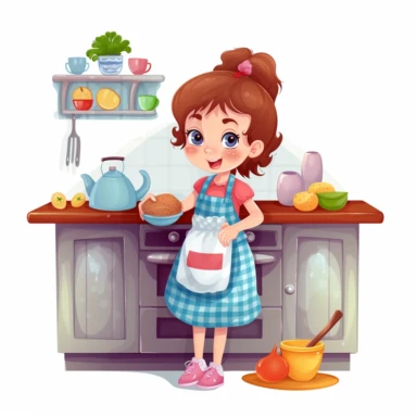cute girl in the kitchen playing, clipart, white background, hdr
