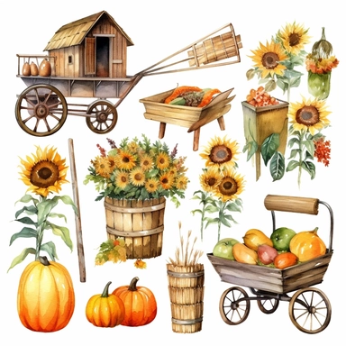 Set of autumn farm elements and products isolated on white background.Hand-drawn farmhouse collection. Watercolor collection of pumpkin,sunflower, rustic wheelbarrow, signpost,hay, basket,watering can. Clip art delicate colours
