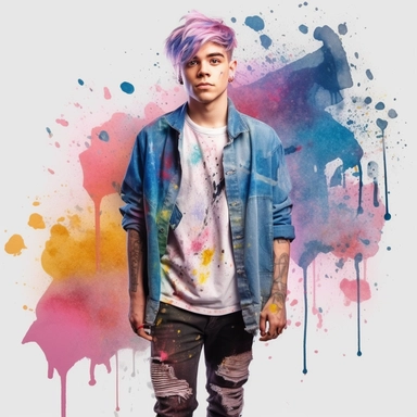 young man multicolor hair ,fantasy, looking in the camera, eye contact, full body, fairytale dreamlike, clipart with watercolor splash background, with transparent background, hyper realistic, professional photography, super detailed