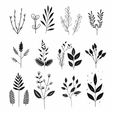 Design a collection of minimalistic clipart, watercolor, separate hand-drawn line art illustrations, each representing a distinct botanical flower or leaf. Inspired by the elegance of logo design, focus on capturing the essence of each plant element through simple, yet memorable shapes and lines. Create visually striking images that stand out on their own, while still maintaining a cohesive theme, showcasing the delicate beauty of nature's hidden gems in a contemporary and stylish way. These des