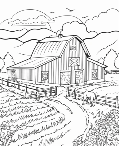 Depict a traditional red barn surrounded by a peaceful countryside landscape. Add details such as a field of crops, grazing animals, and a bright blue sky coloring page with Farming background design as an outline art drawing with thick bold clear lines that are neatly joined up together, outline, clipart, no colors, no shadows, no details, HD
