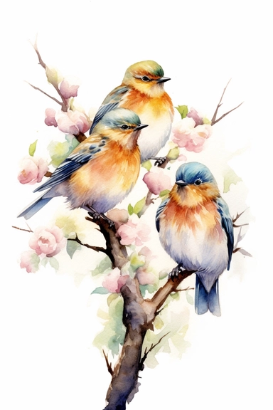 Watercolor cute birds standing on a branch in spring, nature, very vivid colors, highly detailed drawing, white background, clipart, colorful, highly detailed, HD