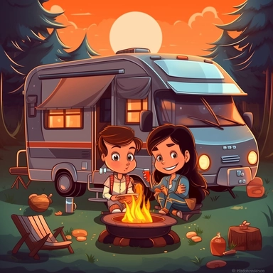 cartoon, clipart, couple at campground with grass and campfire by class c motorhome in style of chibi 300dpi