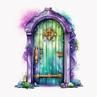 cartoon fairy door, glowing lights and sparkles, colors of green purple gold and blue, glamorous realistic and detailed, watercolor, white background with margins, clipart style