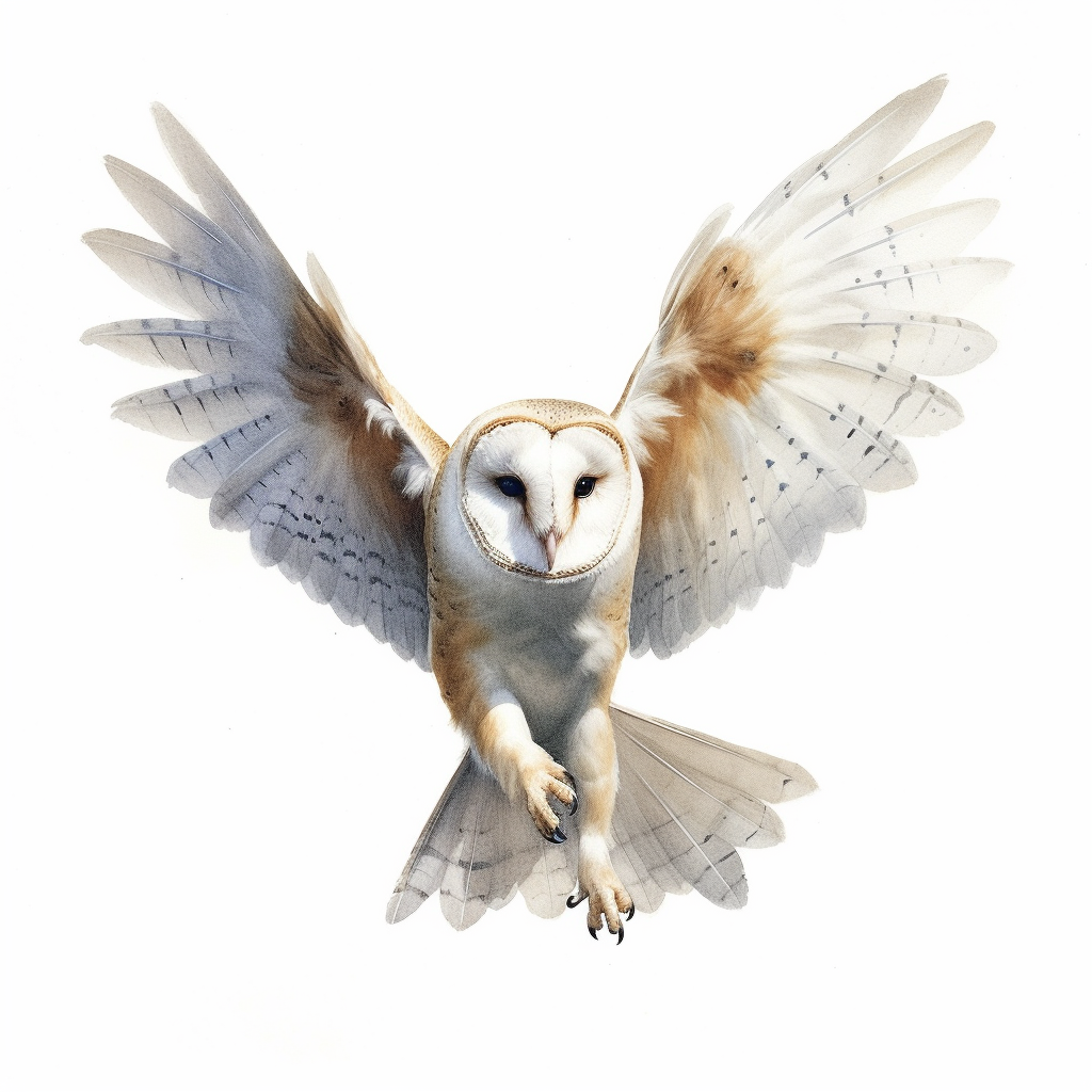 watercolor for a clipart with a white background of a barn owl ...