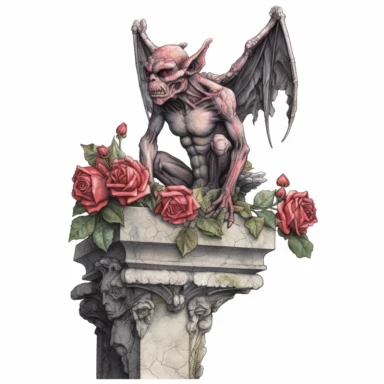 clipart, highly detailed ancient, stone gargoyle perched on a high ledge, red roses, watercolor, transparent background, white background