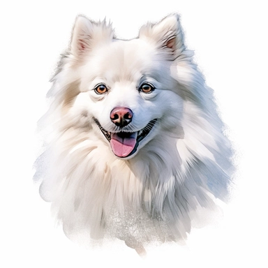 american eskimo dog watercolour painting realistic yet stylized, digitally enhanced, clipart, 32k uhd, detailed crosshatching white background