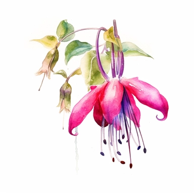 a watercolour painting of a fuchsia flower, in the style of uhd image, dansaekhwa, traditional, flourishing botanicals, exotic, white background, colorful, antique clipart, vibrant intense colors