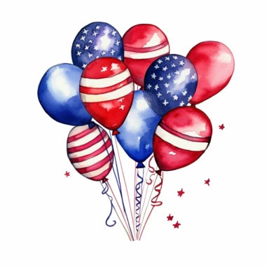 american independence day balloons super-cute , Perfect for nursery art and children's book illustration style, simple, cute, full color, clipart, watercolor illustration, single object, white background for removing background