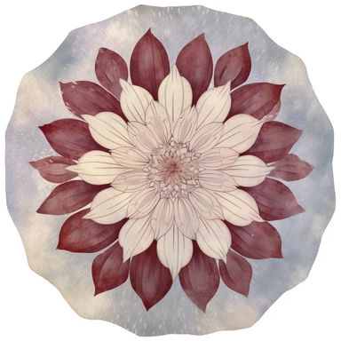 Design a dreamy watercolor clipart of a single Dahlia surrounded by swirling watercolor textures in a circular composition, with soft and graceful brushstrokes in a delicate color palette of Burgundy, dusty blue, and ivory. Infuse the artistic style of Serenity Blooms Watercolors for a serene and calming depiction. isolated on a white background, 8k uhd, designed by Ana Victoria Calderon and Holly Exley,