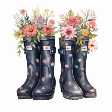 watercolor, Flowers in rubber wellies set. Floral branches, plants with gentle blooms, and leaves in gum boots. Gumboots with delicate summer bouquets png Full body realistic cartoon in 32K UHD cute. 15 cm thick outline. Black color. There was no shadow on the ground. 8k with realistic watercolors and detailed illustrations. PNG clipart, transparent white background
