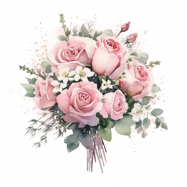 watercolor clipart with white background, wedding bouquet of pink roses with babies breath, clearly defined separate image, high quality--ar3:4-no mockups, watermarks, numbers, writing, letters--q2--v5.1--s1000