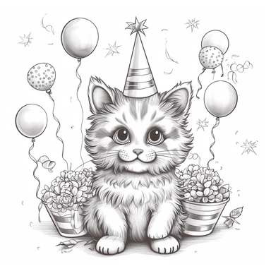 birthday cat clipart for colouring book in black and white
