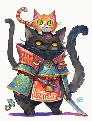 beautifully colored, beautifully illustrated anthropomorphic self defense cat , with a cast shadow , beautiful gouache painting, chibi clipart with a cast shadow on white background, beautiful gouache painting, , watercolor art by concept art by Ken Sugimoto simple watercolor still-life sketch, bold lines, sketch by Kim Jung Gi and by Satoshi Kon