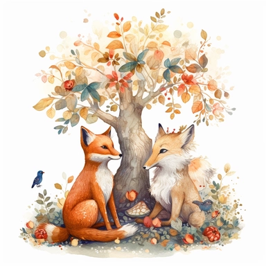 A whimsical scene of a fox and a rabbit sitting on a tree branch, surrounded by a flurry of leaves and flowers. The fox and rabbit are rendered in Marumiyan's signature style, Clipart, 8k, HD, white background