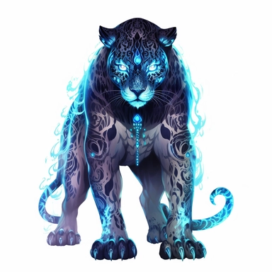a glowing tribal leopard with blue lights on his eyes, tribal animals, in the style of manhwa character design, master of shadows, burned/charred, himalayan art, dark black and light azure, 2d game art, quadratura, clipart, on white blackground
