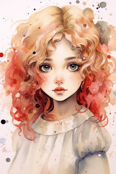 Fairy tale girl with a beautiful innocent kawaii 80s painting Watercolor clipart, hugh eyes, sarah kay and holly hobbies