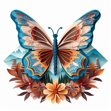 clipart butterfly with flowers, in the style of mountainous vistas, paper sculptures, multilayered realism, multilayered, light blue and brown, paper cut-outs, bold, colorful, large-scale