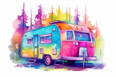 colorful bright vibrant neon vintage camper, scene, watercolor clip art