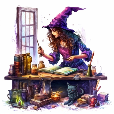 magical style realistic wizard woman making magic at the magic room with watercolor effect,magical clothes,realistic reatures,full body,mafic messy working table,magic tools,a wizard's cat,a gothic window,suitable for digital clipart,white background,magical scene,fairy dark colours,green ,blue,purple,gothic details
