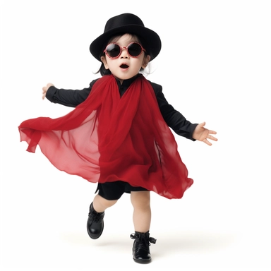 Singer Yoko Ono as a 2 year old toddler, wearing a classic black satin chanel dress, red shoes, red velvet bowler hat, gold silk scarf, dancing, irradiant facial expression, plain white background, clipart