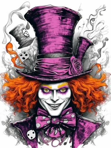 hand drawn clipart of dark gothic spooky mad hatter in bold colors on a white background