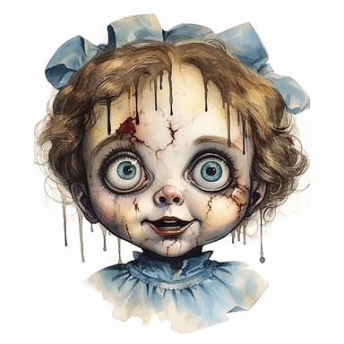 a headshot showing the scary face of a possessed doll, watercolor, ultra high-detail, dark outlines, clipart