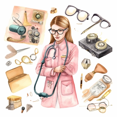 hand drawn doctor, medicine, health clipart, medical doodleclipart, first aid suupply, isolated white background, single design, sharp, bold , sweet pink, cream, gold, hand-painted watercolor