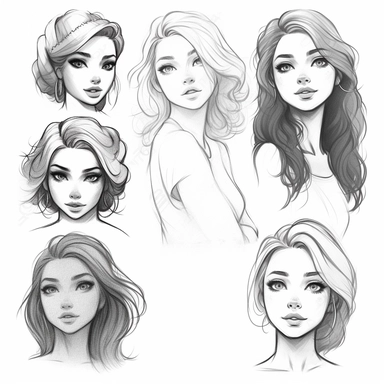 types of girl face cliparts printable, in the style of cute and dreamy, dynamic and expressive animations, pencil sketch
